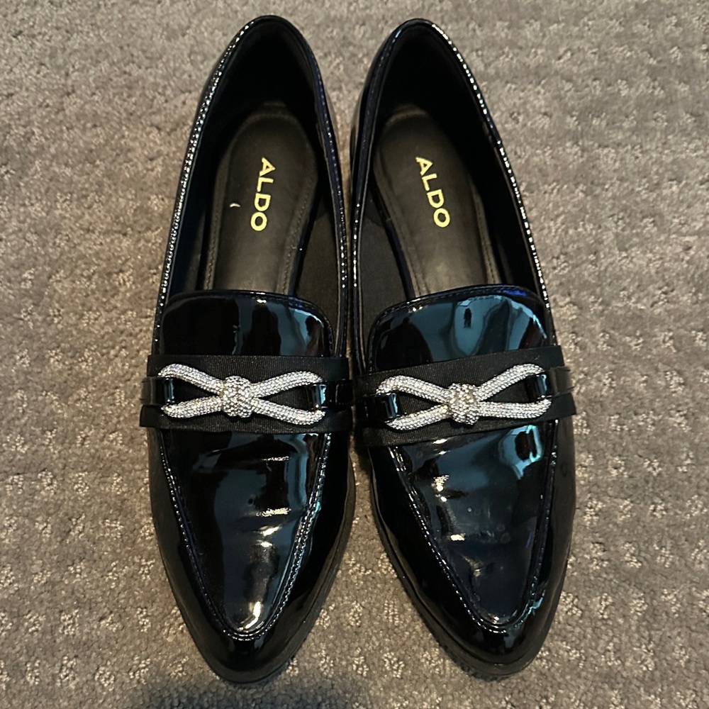 ALDO Shiny Black Loafers with Sparkling Silver Accent